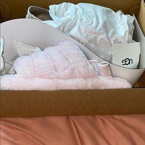 Pink UGG fluff slides